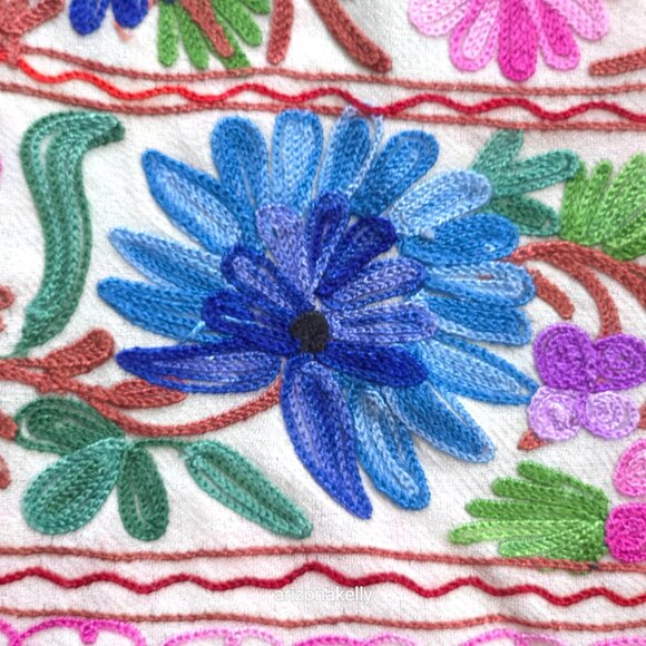 Wool Scarf With Colorful Chain Stitch Embroidery Flowers Vines - Picture 14 of 16